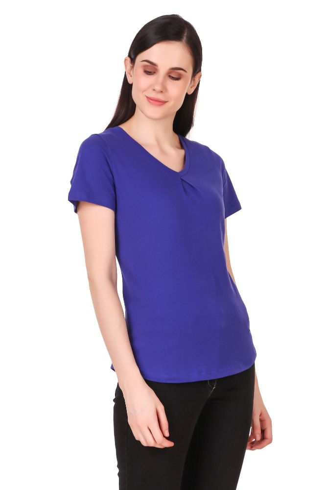 Picture of Frenchtrendz 100% Cotton Ink Blue V-Neck Inverted Pleat Half Sleeve Medium Length Top