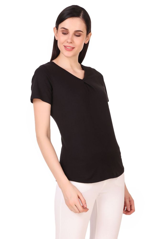 Picture of Frenchtrendz 100% Cotton Black V-Neck Inverted Pleat Half Sleeve Medium Length Top