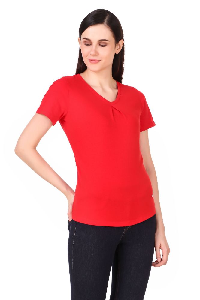 Picture of Frenchtrendz 100% Cotton Red V-Neck Inverted Pleat Half Sleeve Medium Length Top