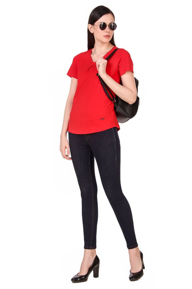 Picture of Frenchtrendz 100% Cotton Red V-Neck Inverted Pleat Half Sleeve Medium Length Top