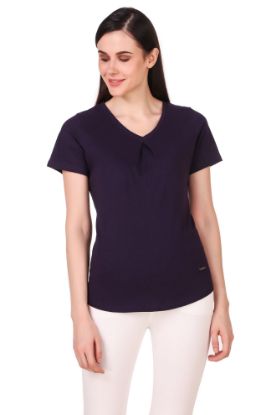 Picture of Frenchtrendz 100% Cotton Navy V-Neck Inverted Pleat Half Sleeve Medium Length Top