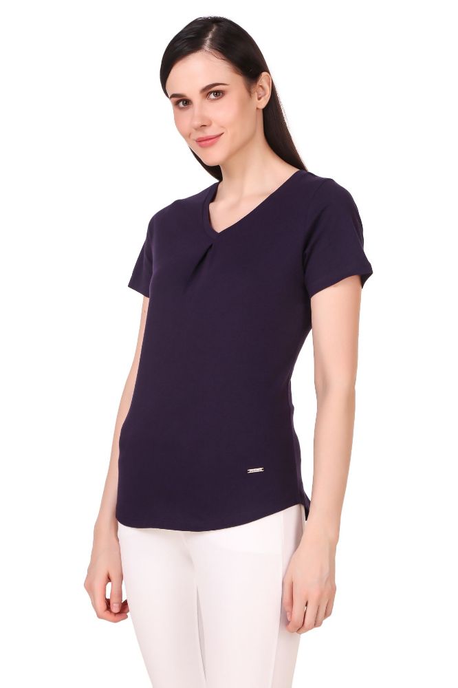 Picture of Frenchtrendz 100% Cotton Navy V-Neck Inverted Pleat Half Sleeve Medium Length Top