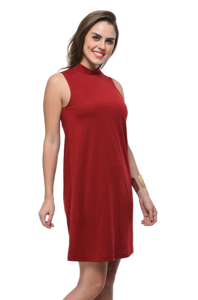 Picture of Frenchtrendz Poly Viscose Plum Mock Neck Bodycon Sleeveless Dress