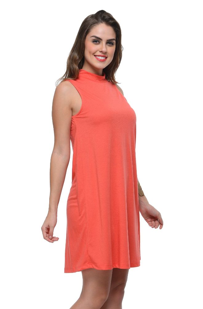 Picture of Frenchtrendz Poly Viscose Coral Mock Neck Bodycon Sleeveless Dress