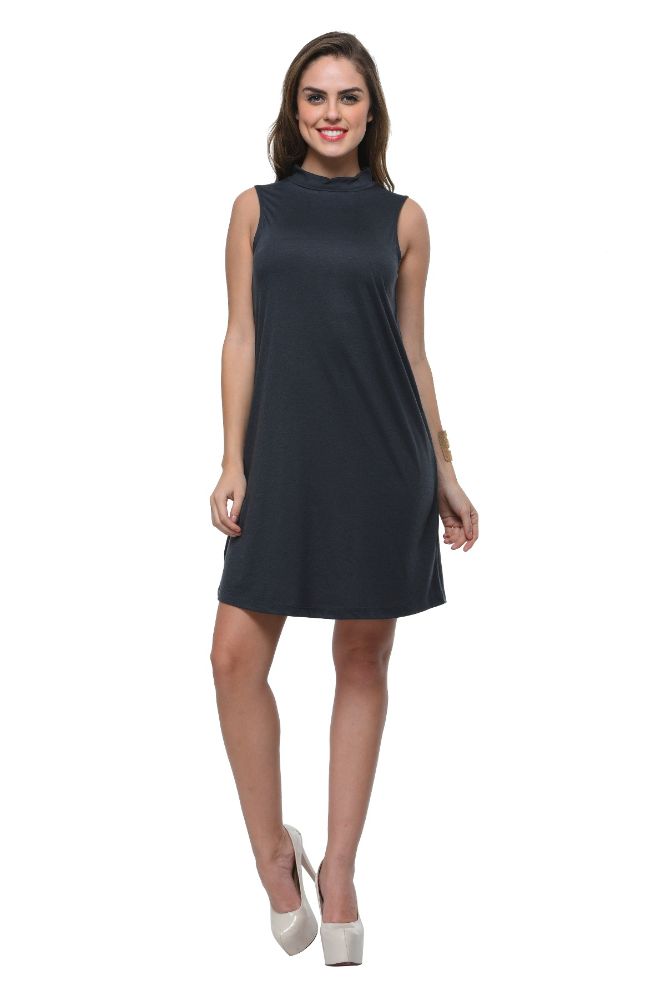 Picture of Frenchtrendz Poly Viscose Slate Mock Neck Bodycon Sleeveless Dress