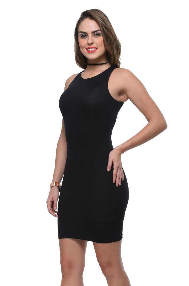 Picture of Frenchtrendz Viscose Spandex Black Round Neck Sleeveless Bodycone Dress