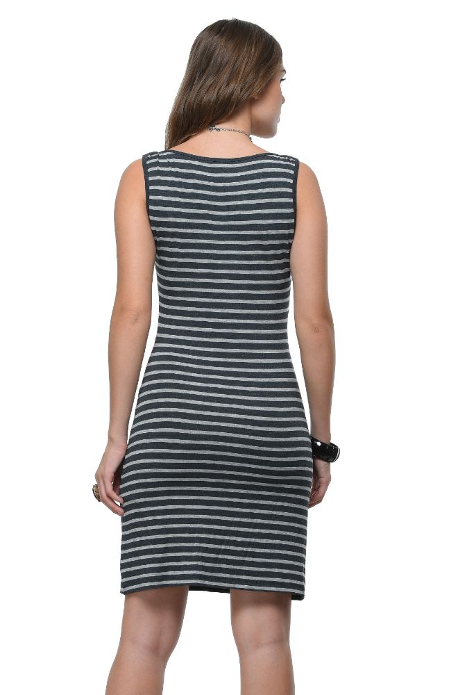 Picture of Frenchtrendz Viscose Spandex Charcoal Light Grey Boat Neck Stripe Pattern Dress