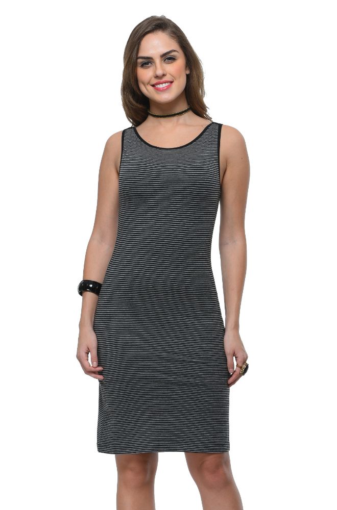 Picture of Frenchtrendz Cotton Spandex Grey Black Boat Neck Stripe Pattern Dress