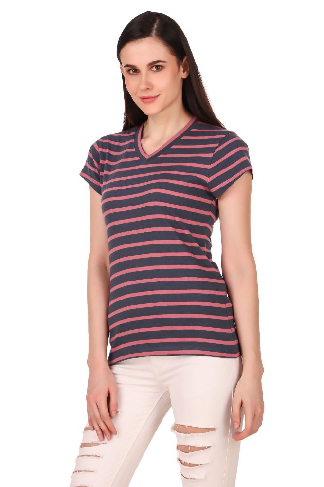 Picture of Frenchtrendz Cotton Pink Slate V-Neck Half Sleeve Strip Medium Length Top