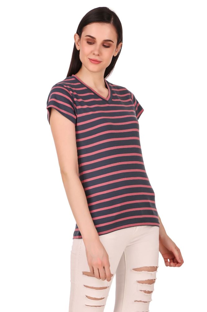 Picture of Frenchtrendz Cotton Pink Slate V-Neck Half Sleeve Strip Medium Length Top