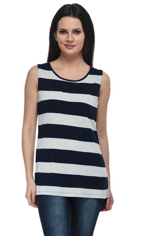 Picture of Frenchtrendz Viscose Navy Oatmeal Sleevelss Long Tops