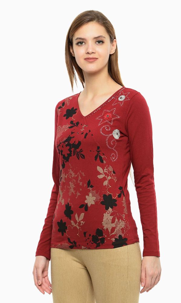 Picture of Frenchtrendz Single Jersey Maroon Embroidery Print Top