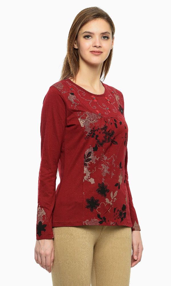 Picture of Frenchtrendz Single Jersey Maroon Embroidery Print TOP