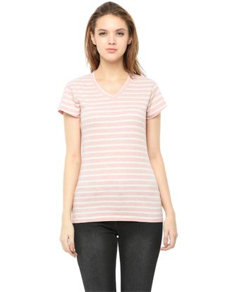 Picture of Frenchtrendz Cotton Pink Off White V-Neck Half Sleeve Strip Medium Length Top