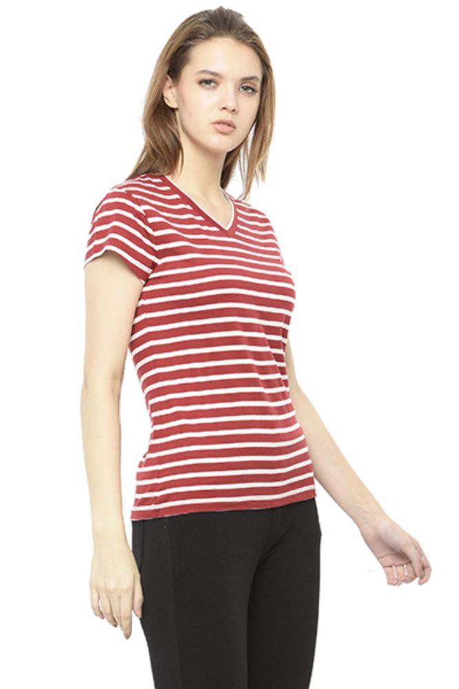 Picture of Frenchtrendz Cotton Red White V-Neck Half Sleeve Strip Medium Length Top
