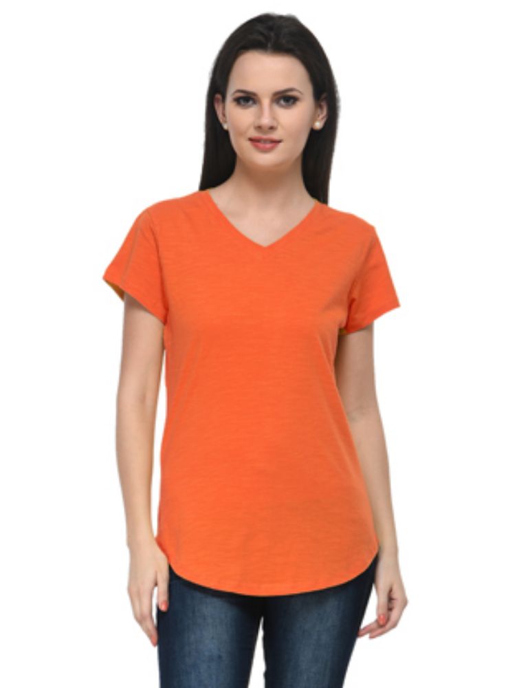 Picture of Frenchtrendz Cotton Slub Rust V-Neck short Sleeve Long Length Top
