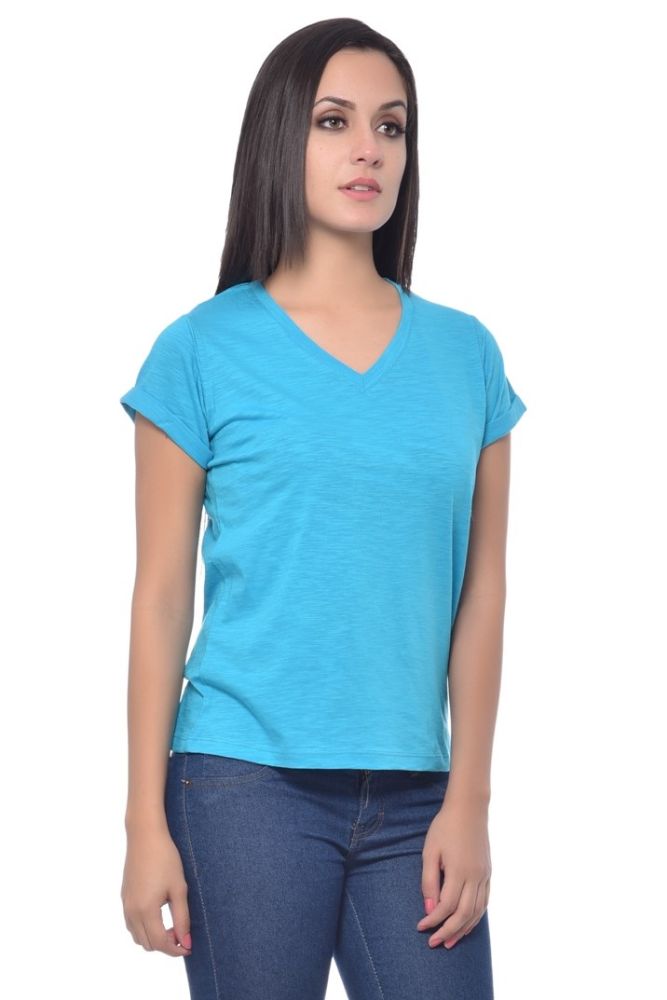 Picture of Frenchtrendz Cotton Slub Blue V-Neck short Sleeve Medium Length Top