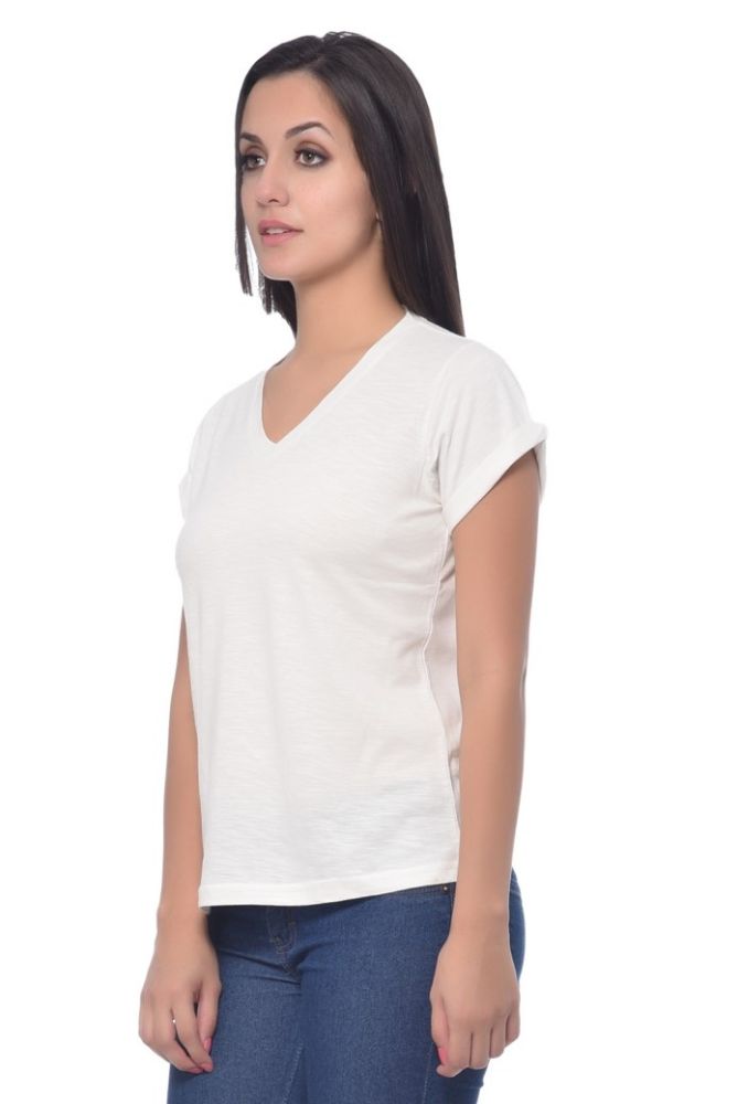 Picture of Frenchtrendz Cotton Slub Ivory V-Neck short Sleeve Medium Length Top