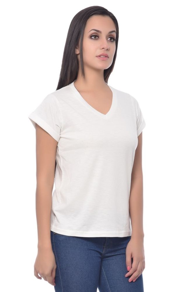 Picture of Frenchtrendz Cotton Slub Ivory V-Neck short Sleeve Medium Length Top