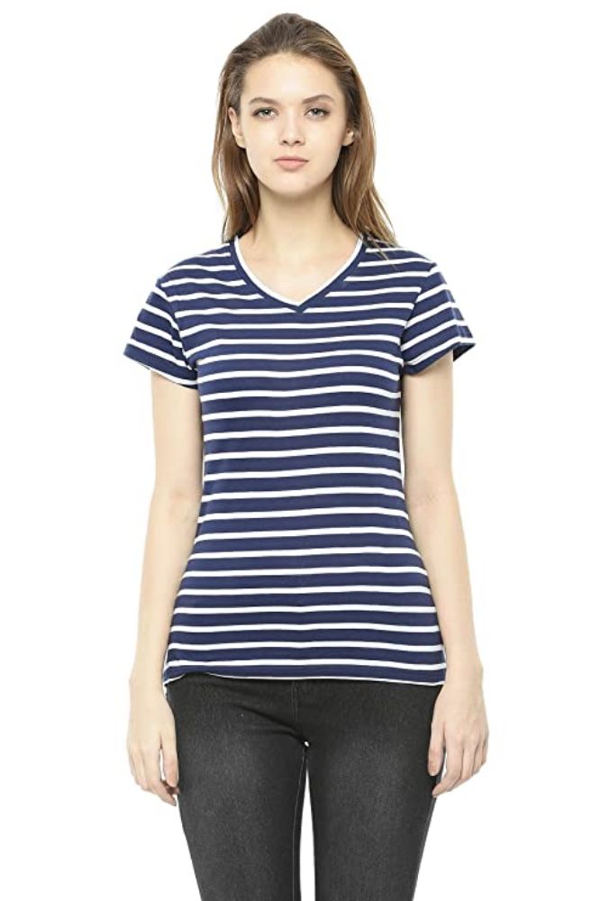 Picture of Frenchtrendz Cotton Navy White V-Neck Half Sleeve Strip Medium Length Top