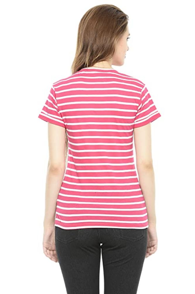 Picture of Frenchtrendz Cotton Dark Pink White V-Neck Rolled Half Sleeve Strip Medium Length Top