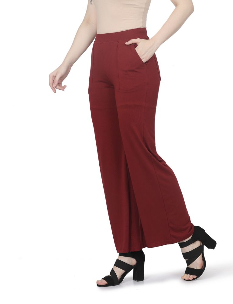 Picture of Frenchtrendz Rayon Poly Plated Dark maroon Bell Bottom Pant