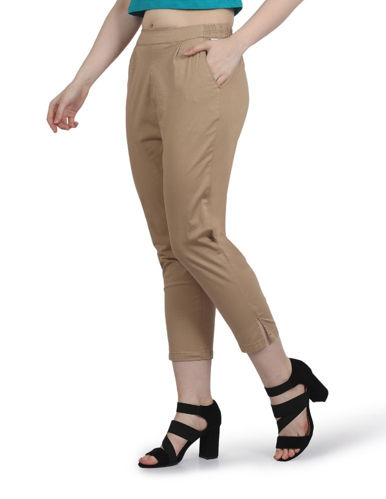 Picture of Frenchtrendz Women's Ankle Length Front Belt And Back Elasticated Poplin Lycra Beige Pant