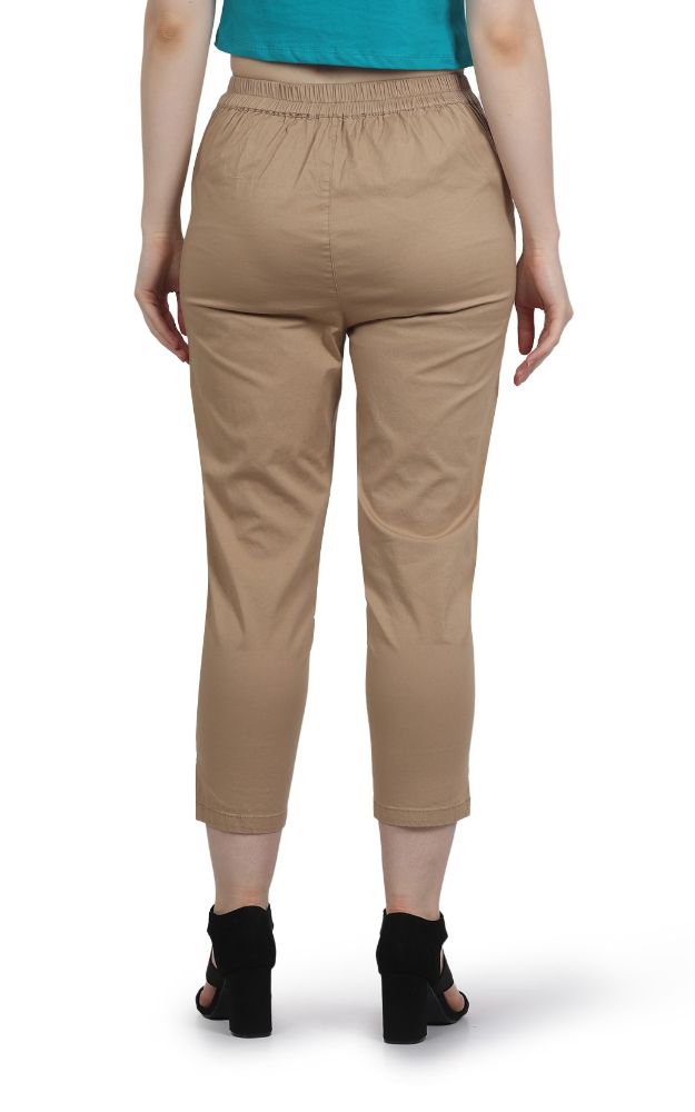 Picture of Frenchtrendz Women's Ankle Length Front Belt And Back Elasticated Poplin Lycra Beige Pant