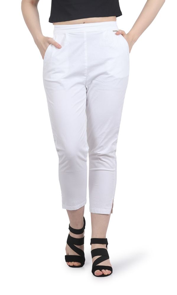 Picture of Frenchtrendz Women's Ankle Length Front Belt And Back Elasticated Poplin Lycra White Pant