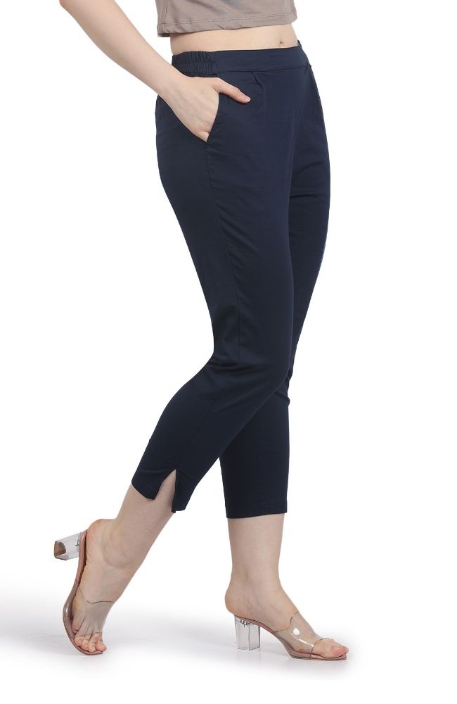 Picture of Frenchtrendz Women's Ankle Length Front Belt And Back Elasticated Poplin Lycra Navy Blue Pant