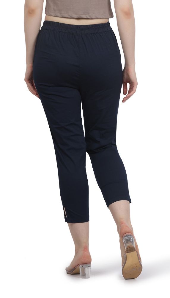 Picture of Frenchtrendz Women's Ankle Length Front Belt And Back Elasticated Poplin Lycra Navy Blue Pant