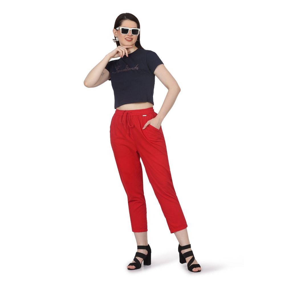 Picture of Frenchtrendz Women's Red Cotton Pant Elastic Closure With Drawstring