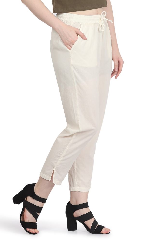 Picture of Frenchtrendz Women's Ivory Cotton Pant Elastic Closure With Drawstring
