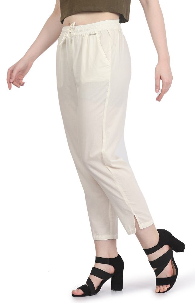 Picture of Frenchtrendz Women's Ivory Cotton Pant Elastic Closure With Drawstring