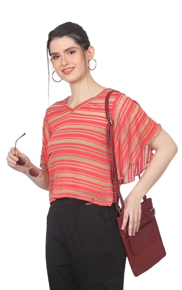 Picture of Frenchtrendz Women's Poly Slub Coral beige Striped top