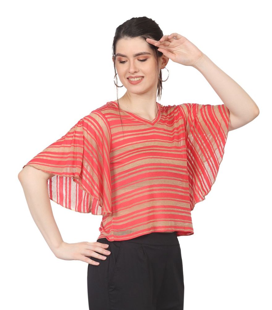 Picture of Frenchtrendz Women's Poly Slub Coral beige Striped top