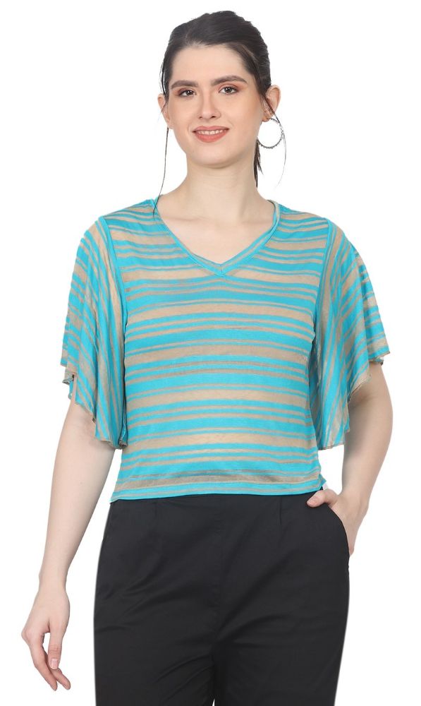 Picture of Frenchtrendz Women's Poly Slub Turq beige Striped Top