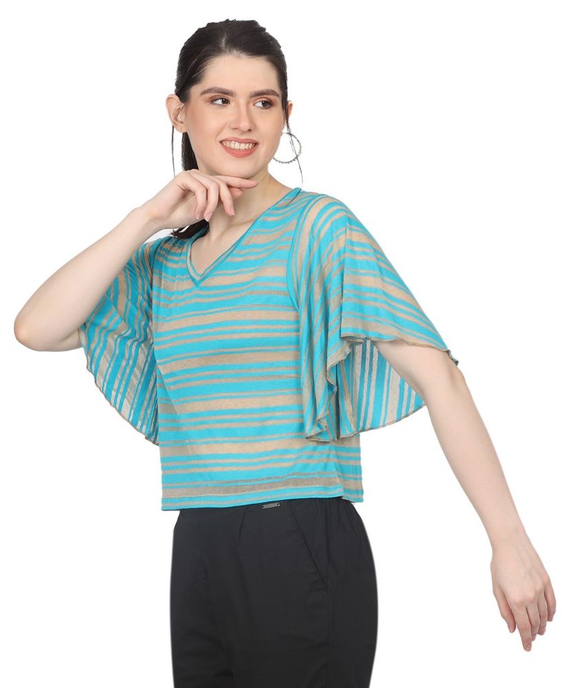 Picture of Frenchtrendz Women's Poly Slub Turq beige Striped Top
