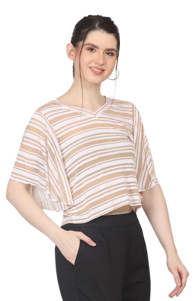 Picture of Frenchtrendz Women's Poly Slub Beige White Striped Top