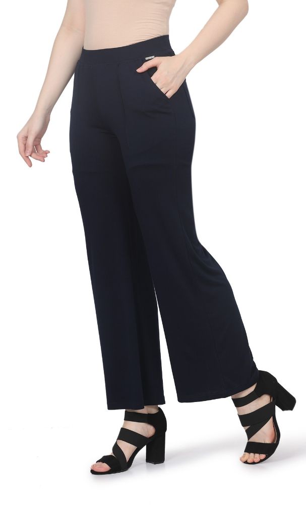 Picture of Frenchtrendz Rayon Poly Plated Navy Bell Bottom Pant