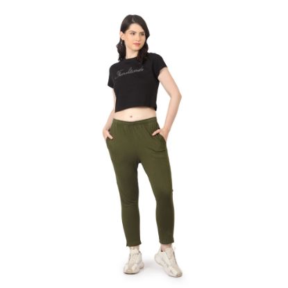 Picture of Frenchtrendz Women's Olive Cotton Pant Elastic Closure