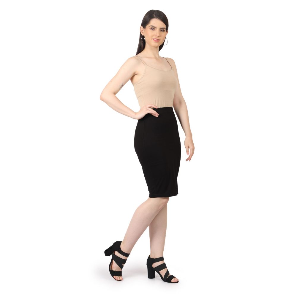 Picture of Frenchtrendz Women Rayon poly plated Black Solid Pencil Skirt