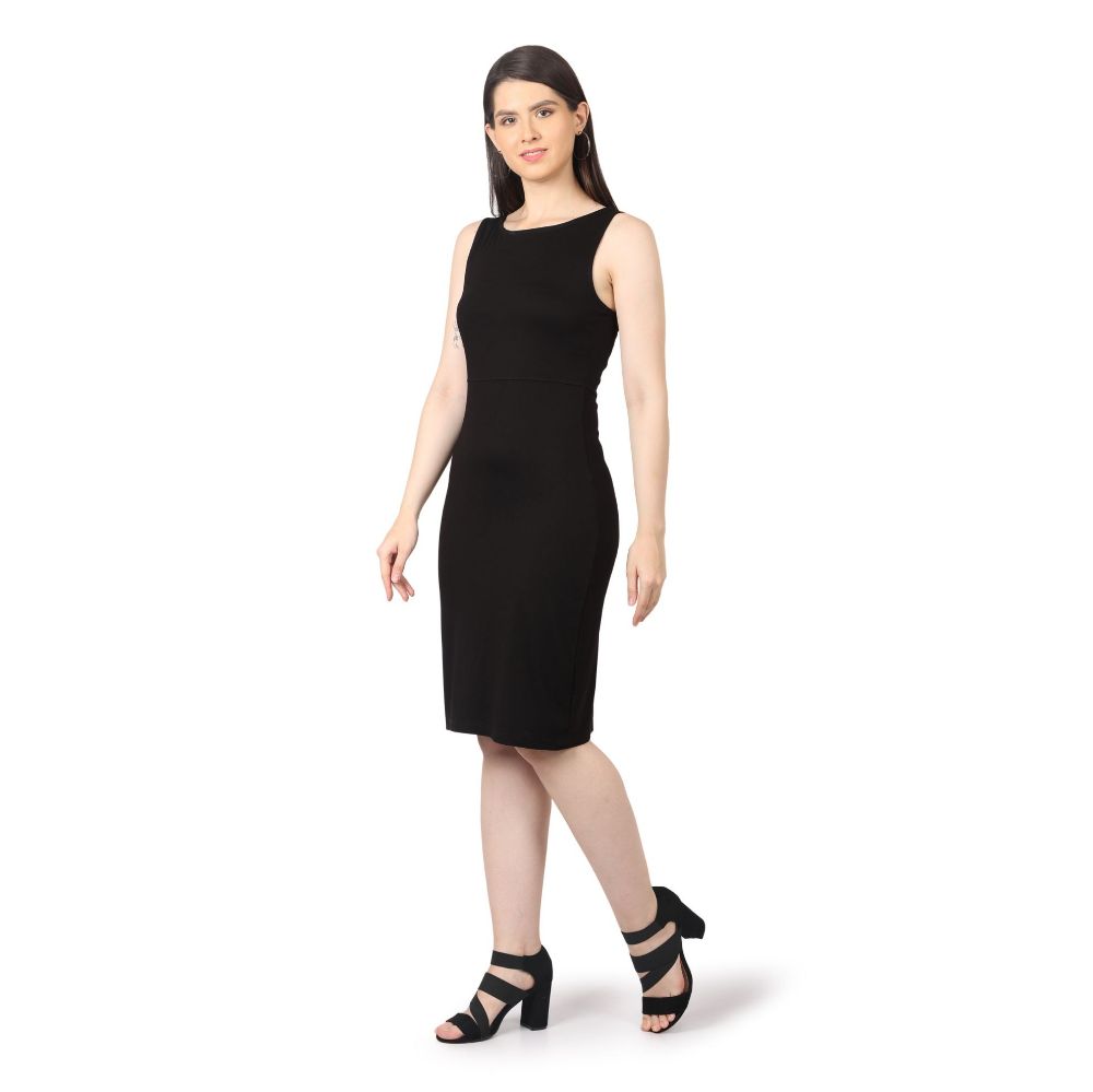 Picture of Frenchtrendz Women Black Rayon Poly Plated Boat neck Dress