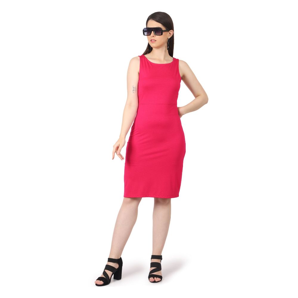 Picture of Frenchtrendz Women Swe pink Rayon Poly Plated Boat Neck Dress