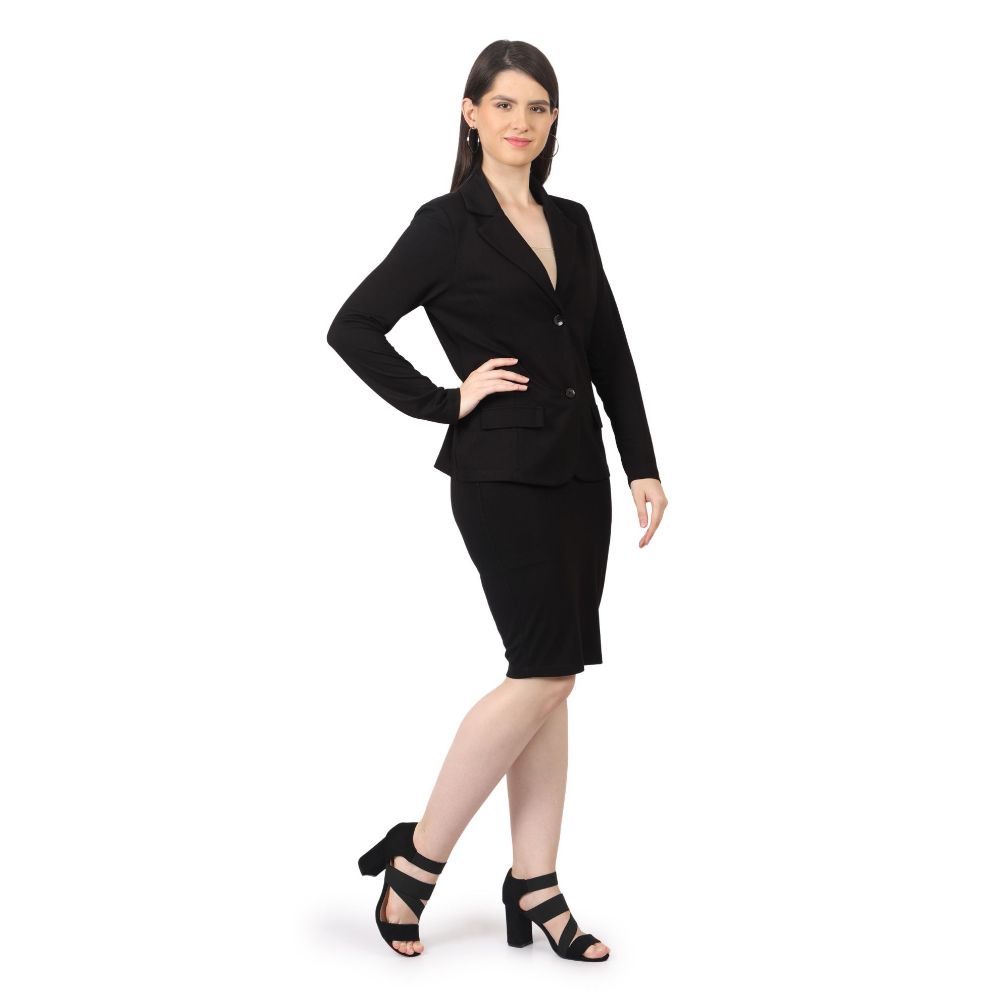 Picture of Frenchtrendz Women's Rayon Poly Pleated Black Blazer And Skirt Set 