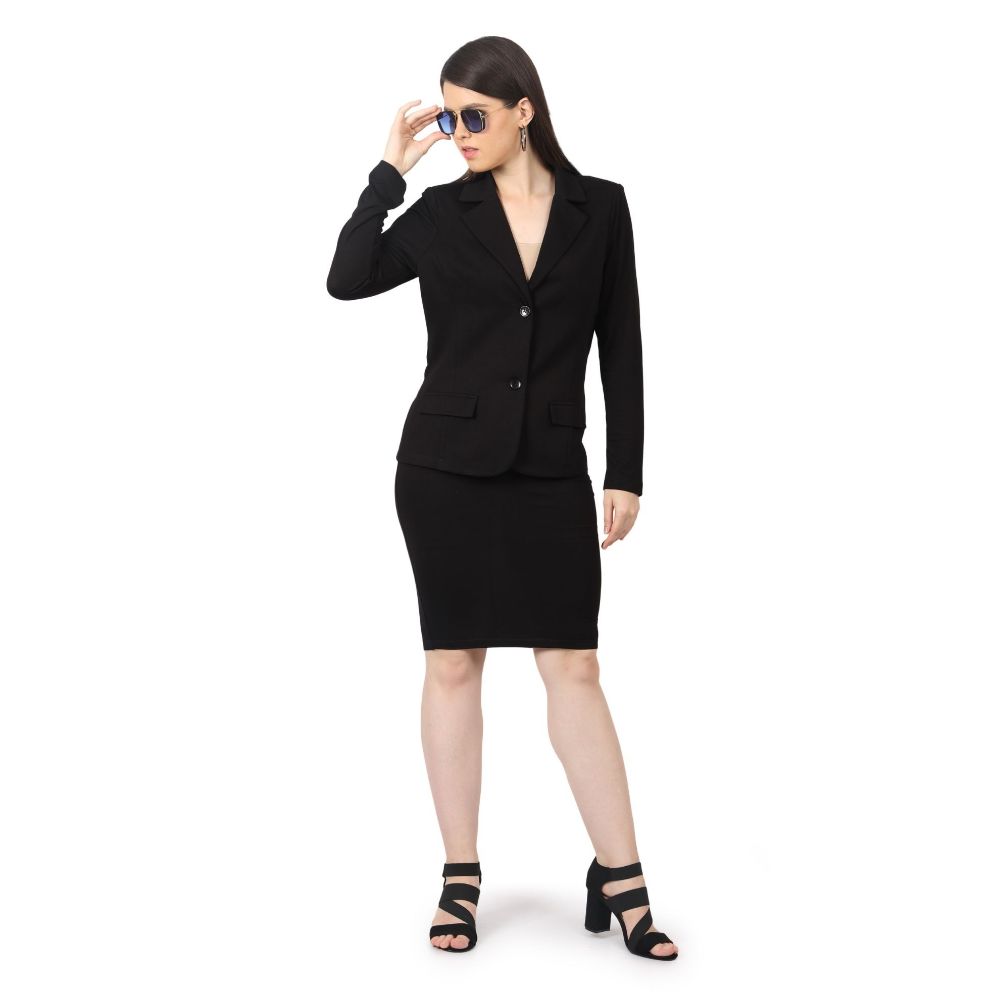 Picture of Frenchtrendz Women's Rayon Poly Pleated Black Blazer And Skirt Set 
