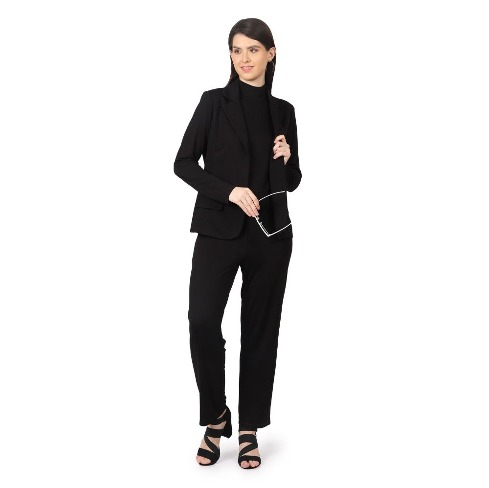 Picture of Frenchtrendz Women's Rayon Poly Pleated  black jumpsuit and blazer set