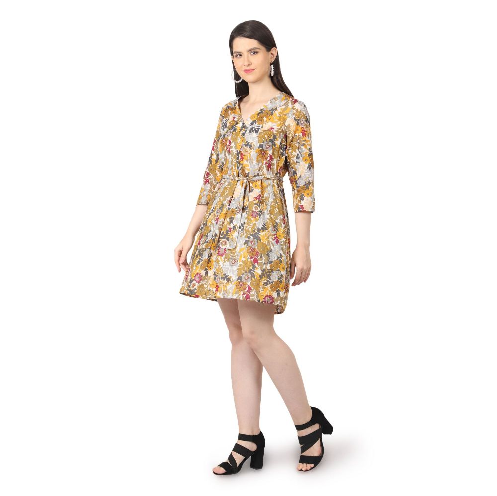 Picture of Frenchtrendz Women's Printed Front Overlap Box Pleated Beige Pure Cotton Dress