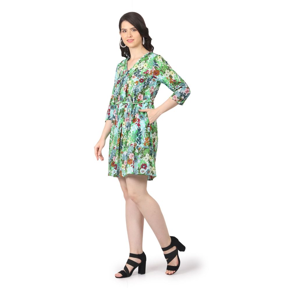Picture of Frenchtrendz Women's Printed Front Overlap Box Pleated Green Pure Cotton Dress
