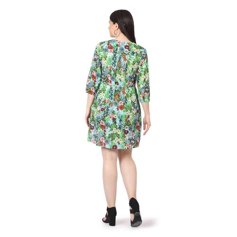 Picture of Frenchtrendz Women's Printed Front Overlap Box Pleated Green Pure Cotton Dress